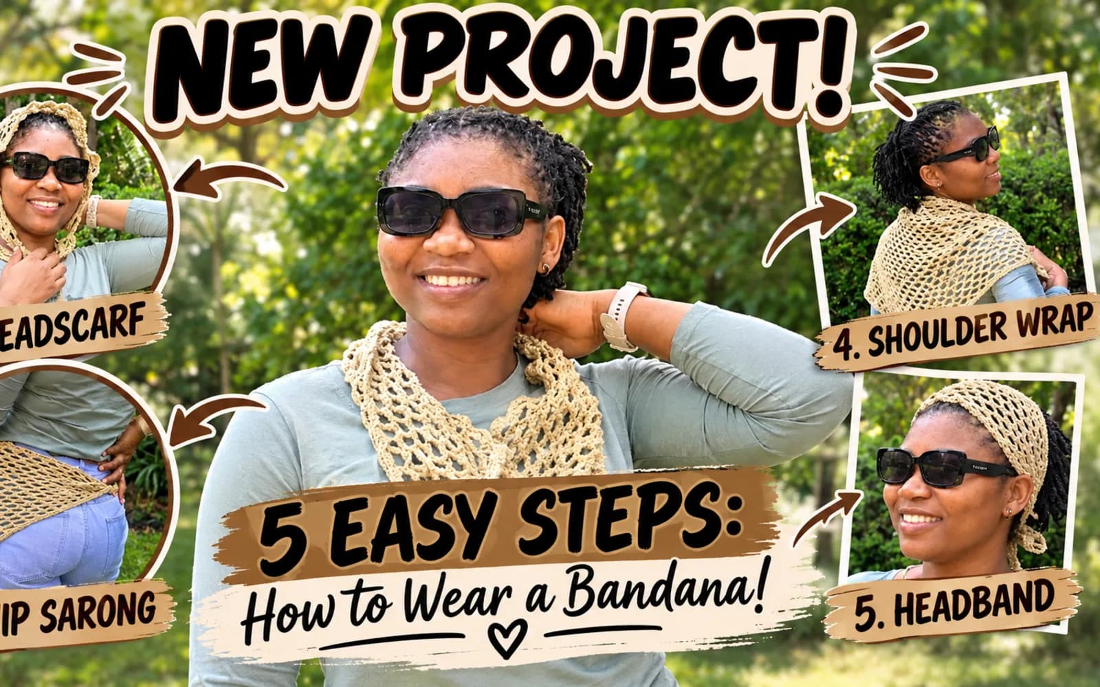 I made a Crochet Bandana . 5 ways to wear a Bandana!